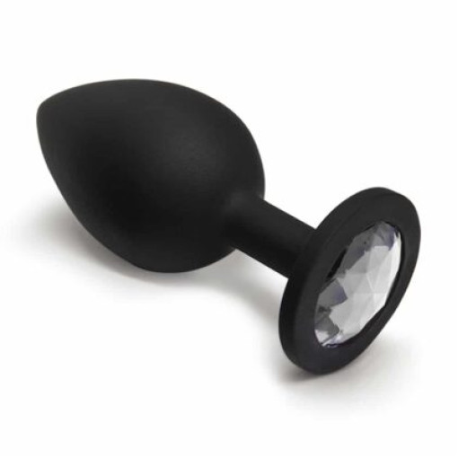 BQS - Sort Silikonbuttplug med Krystall - Klar - Medium